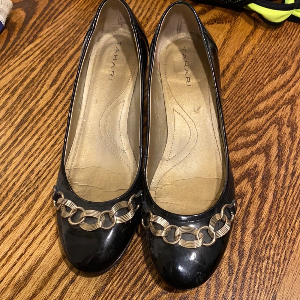 Tahari patent leather wedge pumps